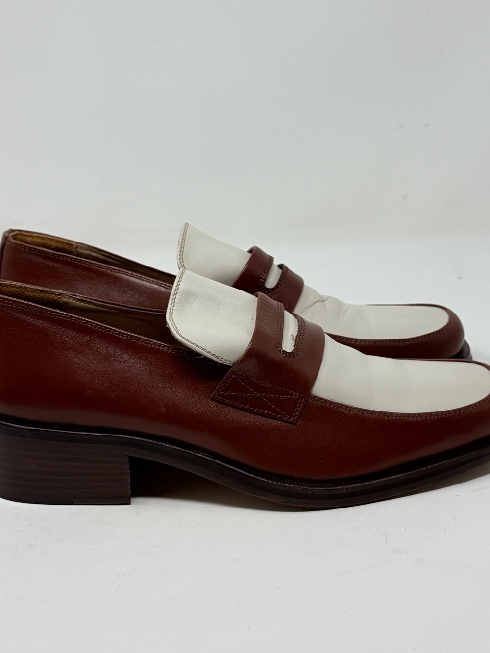 Mare Uomo Penny Loafers Mens 9.5 EU 42 Brown White Leather Stacked Heel Italy